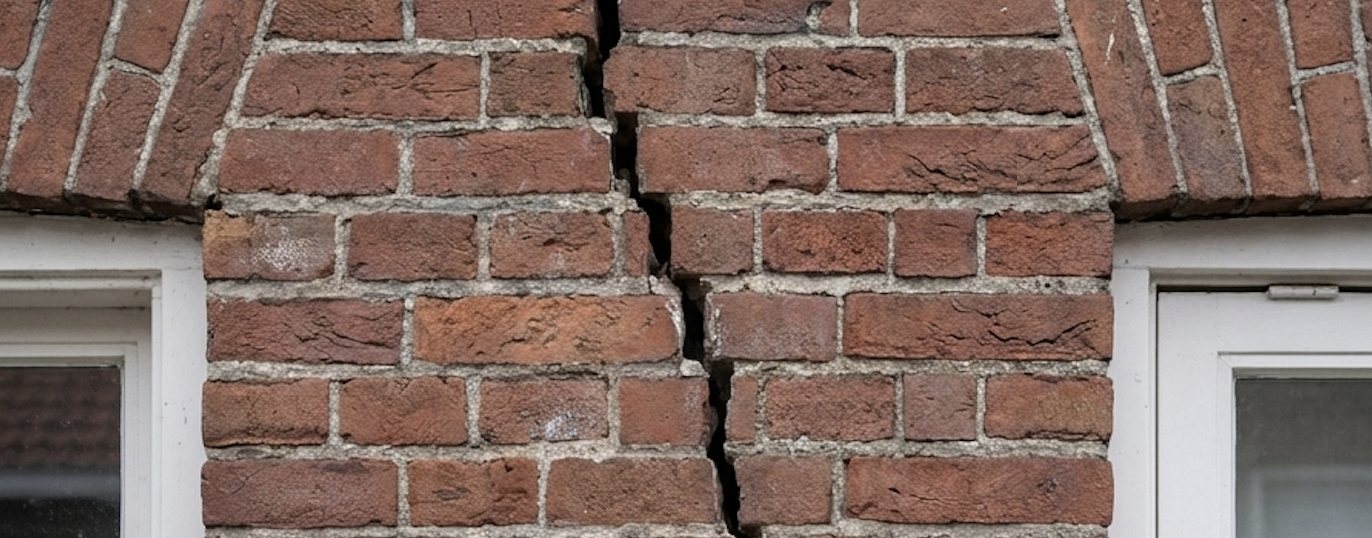 Brede verticale scheur in het metselwerk van een vooroorlogse woning, lopend van de gevelboog tot onder de raamdorpel tussen twee kozijnen