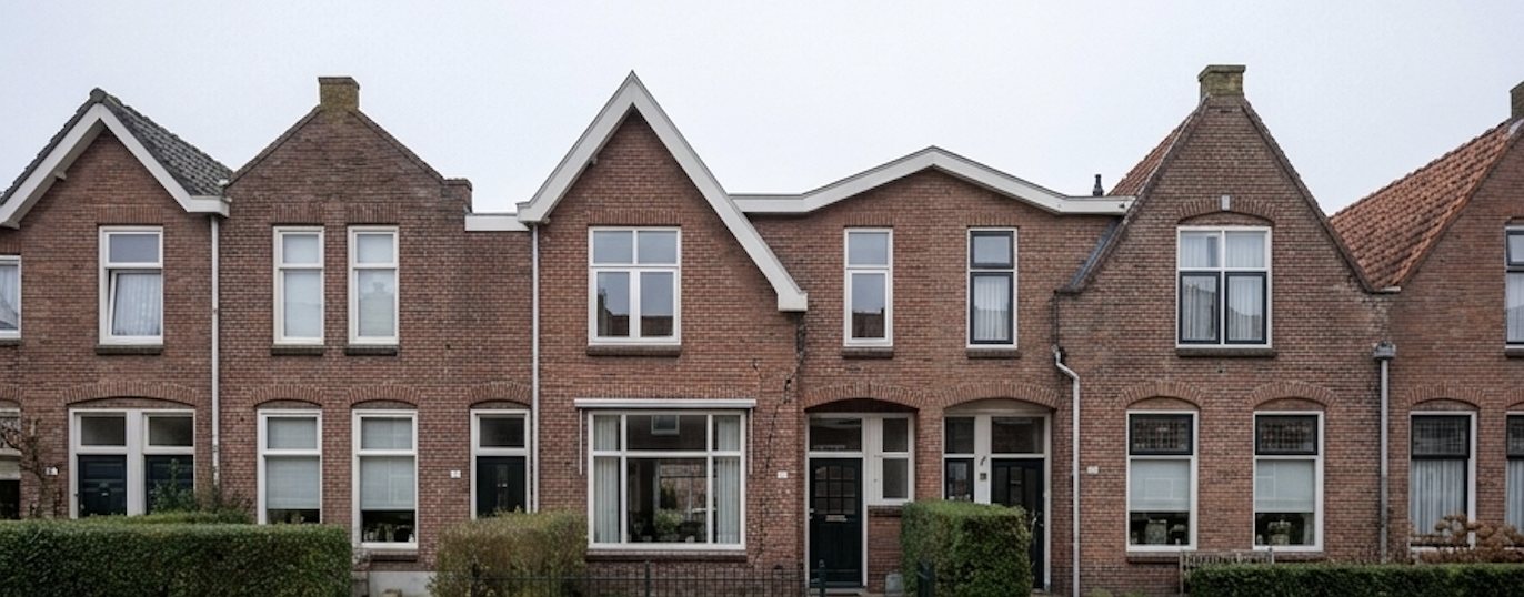 Rij vooroorlogse Nederlandse rijtjeswoningen met bakstenen gevels en witte kozijnen