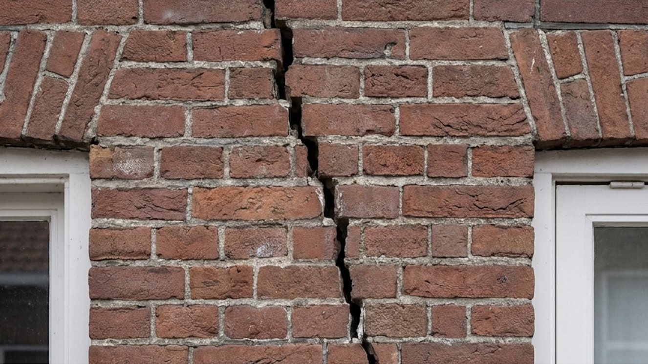 Detailopname van een scheur die door het metselwerk en de voegen van een bakstenen gevel loopt